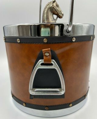 Vintage Ice Bucket Equestrian Horse Polo Faux Leather Chrome Mid Century Bar