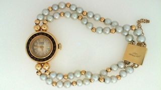 Vintage Lucien Piccard 14k Gold Pearl Ruby Ladies 6 " Handwind Watch 17 Grams