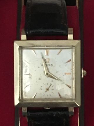 Mens 1955 Omega 14K SOLID GOLD Vintage 17j Swiss Made Square TANK Watch 3