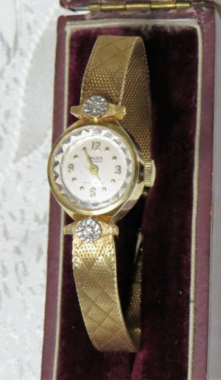 Vintage 14k Yellow Solid Gold And Diamonds Gruen Ladies Wristwatch With Bracelet