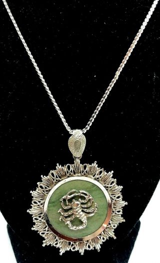 Vintage Signed Sterling Silver Large Pendant Necklace Scorpion & Green Stone