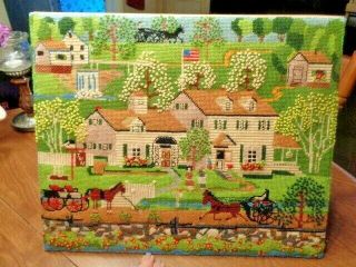 Vintage Completed Needlepoint Ready To Frame Amish Village (72)