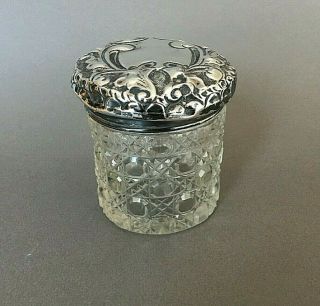 1899 Antique Dressing Table Jar Sterling Silver & Cut Glass Pot