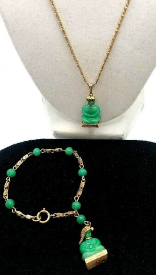 Vintage Gold Tone & Faux Jade Glass Buddah Pendant Necklace & Bracelet