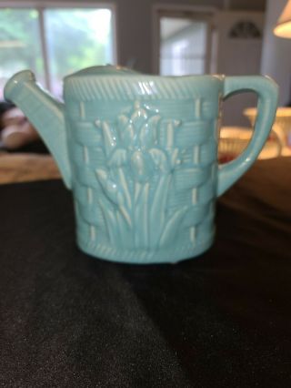 Shawnee Pottery Watering Can Planter Turquoise Blue Iris Basketweave Marked Usa
