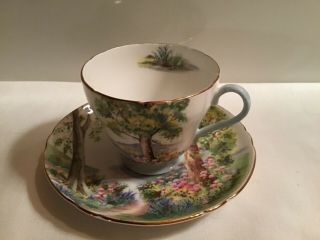 Vtg 1950’s Shelley England Footed Teacup/saucer Woodland 13348 Gold/multicolor
