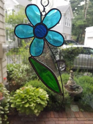 Vintage Stained Glass Ornament Suncatcher Blue Flower