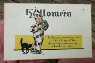 Antique 1919 Halloween Postcard With Child In Costume & Black Cat