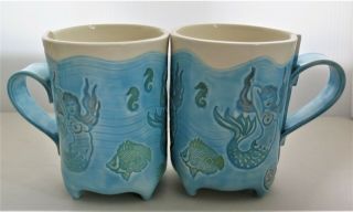 2 Mermaid Seahorse Fish Turtle Coffee Mugs Hand Thrown Studio Artist Signed Lynn