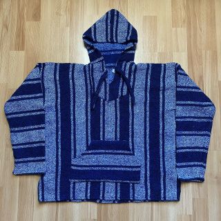 Vintage Baja Hoodie Size Small Blue White Mexican Drug Rug Pullover Hippy