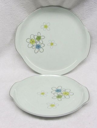 2 Mcm Vtg Nobility Mist Permaware Porcelain Tab Platters Green Flower