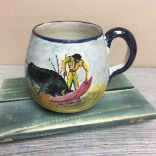 Vtg Fca Peru Pottery Large Coffee Soup Mug Cup Hand Painted Toreador Bull Fight