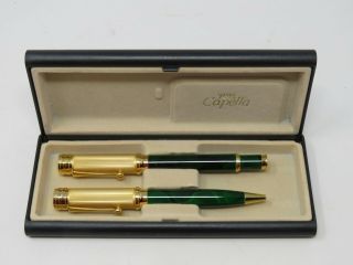 Vintage Capella Fountain Pen & Ballpoint Set Faux Green Marble And Gold Germany