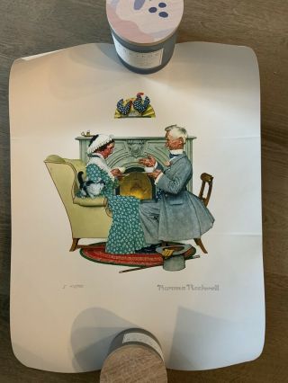 Vintage Norman Rockwell Woman And Man Sitting W/ Tea By Fireplace Numbered Print
