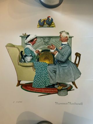 Vintage Norman Rockwell Woman and Man Sitting W/ Tea By Fireplace Numbered Print 2