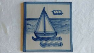 M A Hadley Stoneware Pottery Hand Painted Sailboat 6 " Square Tile/trivet