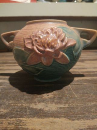 Vintage Roseville Pottery Water Lily Brown Art Deco Bowl 437 - 4