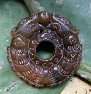 Chinese Carved Jade Stone Bi Disc 2 Head Coiling Dragons