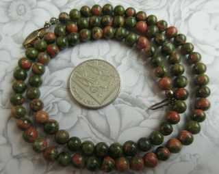 Vintage Unakite Necklace Natural Shades Green & Pink Polished Stone Round Beads