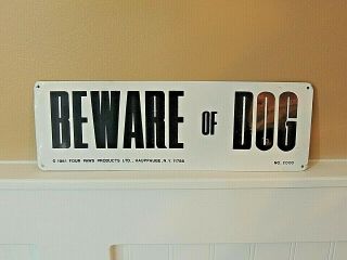 Vintage " Beware Of Dog " Tin Metal Sign,  12 " X 4 ",  1981 Four Paws Products