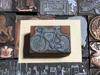 Antique Vtg Wood & Metal Bicycle Bike Letterpress Print Type Cut Ornament Block