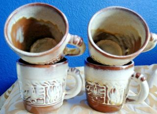 Frankoma Pottery Vintage Set Of 4 Coffee Mugs Aztec Mayan 7c Desert Gold Clay