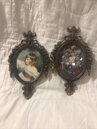 2 Vintage Small Metal Oval Frame Floral & Girl Picture Made In Italy 6.  5 " X 4 "