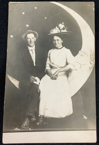 Rppc Studio Paper Moon Crescent Face Couple Real Photo Postcard￼ Vintage Big Hat