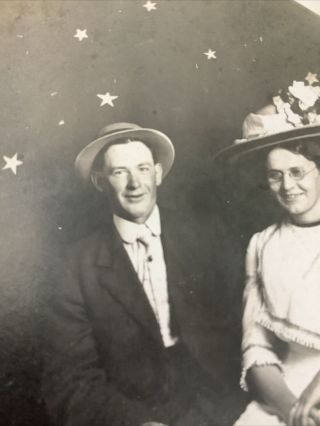 RPPC STUDIO PAPER MOON Crescent Face Couple Real Photo Postcard￼ Vintage Big Hat 3