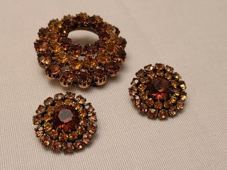 Vintage Austria Brown/gold/amber Rhinestone Brooch And Earrings Set