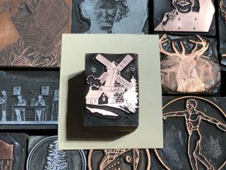 Antique Vtg Wood & Metal Windmill Letterpress Print Type Cut Ornament Block