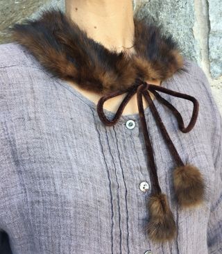 Vintage Real Mink Fur Collar W/ Velvet Tie And Pom Pom