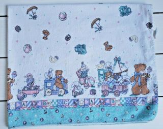 Vtg Teddy Bear Trains Flannel Receiving Baby Blanket Usa Made Teal White Pink