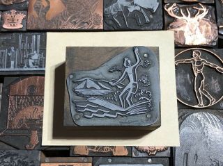 Antique Vtg Wood & Metal Surfing Ocean Letterpress Print Type Cut Ornament Block