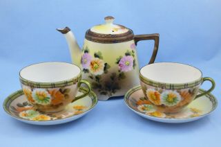 Antique Hand Painted Nippon Japan Teapot,  2 Cups And 2 Saucers Set Floral