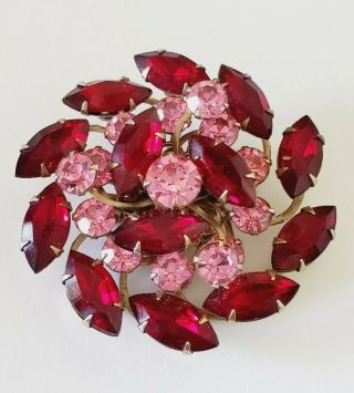 Vintage Estate Jewelry Layered Red Pink Rhinestone Pinwheel Pin Brooch 2