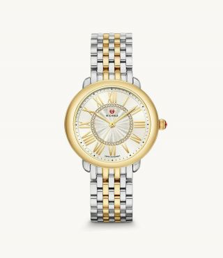 Michele Serein Mid Two - Tone 18k Gold Diamond Dial Watch Gold Silver Case