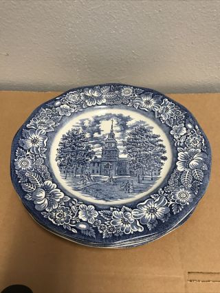 4 English Staffordshire Ironstone Liberty Blue Independence Hall Dinner Plates