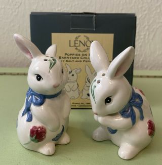 Lenox China Poppies On Blue Barnyard Bunny Salt Pepper Shakers Vintage