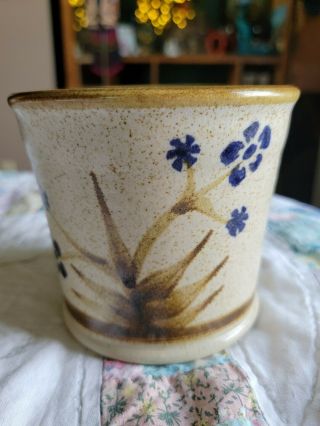 Otagiri Small Pottery Glazed Planter Brown Speckled Blue Flowers 4.  25 " T X 5 " W