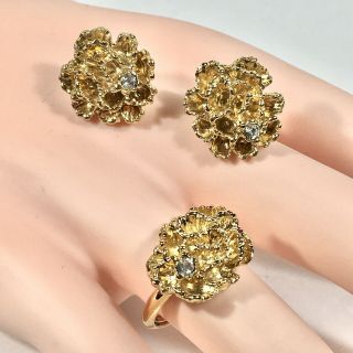 Vintage Avon Set " Flowerblaze " Gold Tone Pierced Earrings/ring W Rhinestone