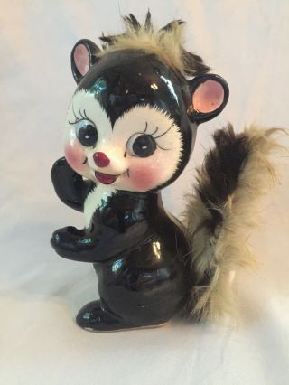 Vintage Porcelain Ceramic Skunk Savings Bank Figurine With Fur