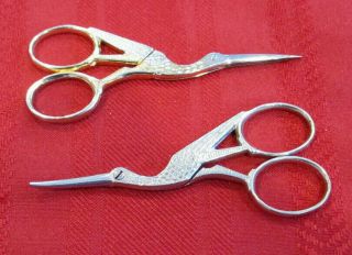 2 Vintage Stork Sewing Embroidery Craft Gold Silver Baby Scissors Revlon Italy