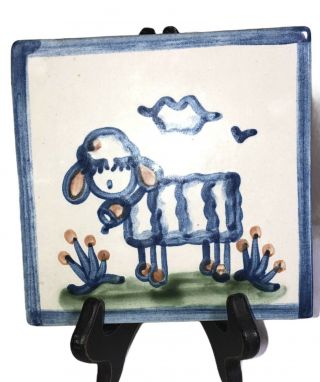 Vintage M A Hadley Stoneware Pottery Hand Painted Lamb 5.  5 inch Square Tile 2