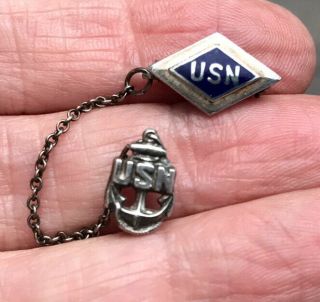 Vintage Usn U.  S.  Navy 2 - Part Sterling Silver Lapel Pin Brooch With Chain