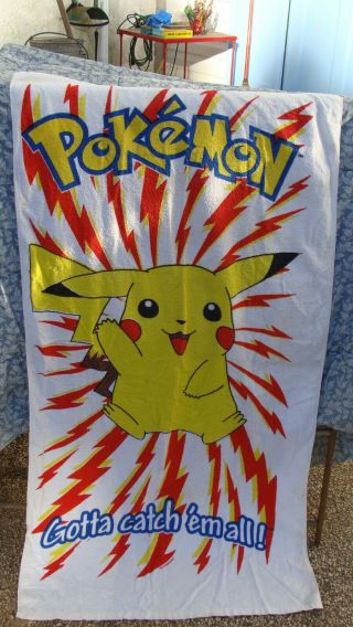 Vintage 90’s Pokemon Pikachu Bath Beach Towel “gotta Catch ‘em All” Franco Tag