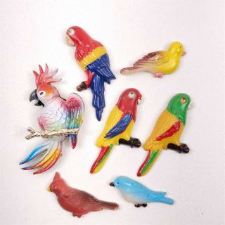 7 Vintage Refrigerator Magnets Birds Colorful Exotic Parrots Plastic Metal