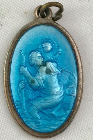 Antique Blue Enamel Silver Over Copper St.  Christopher Medal Raised Lily Back