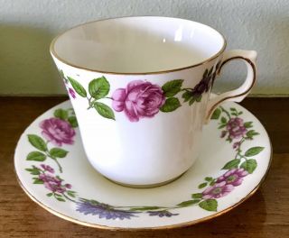 Vtg Windsor Tea Cup & Saucer Bone China England Pink Purple Flowers Gold Trim