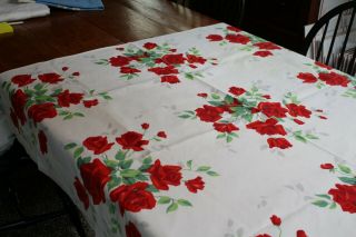 Vintage Cotton Kitchen Tablecloth Shaded Red Roses Wilendur Tag 50x52
